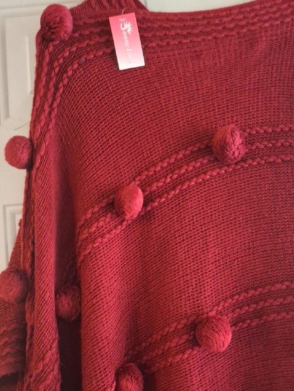Women’s Red Pom-Pom Knit Poncho - Picture 2 of 4